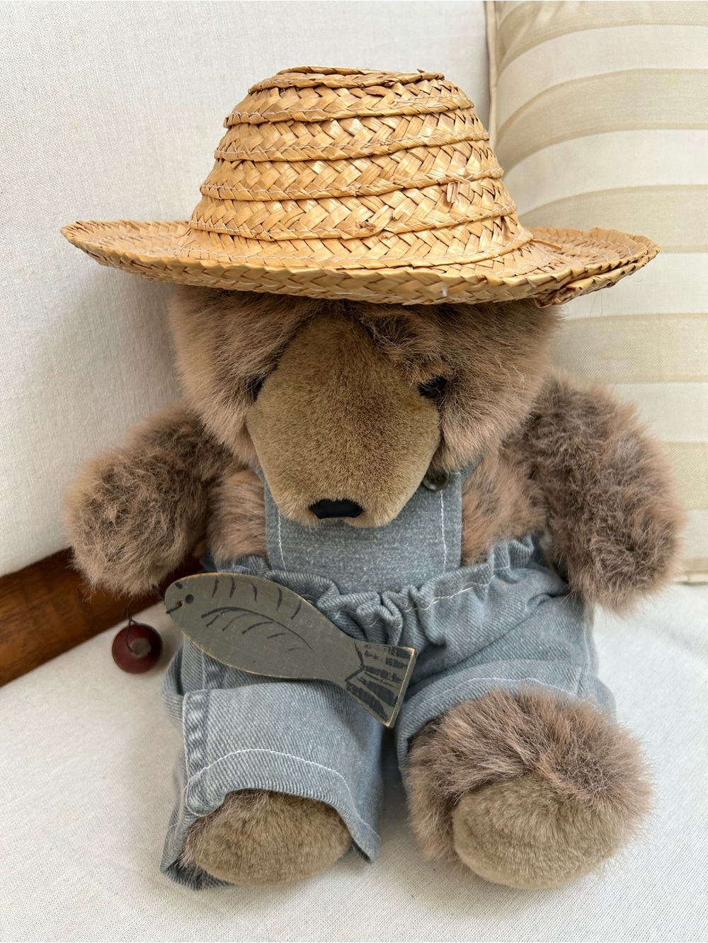 Plush Brown Fisherman Bear in Denim Overalls w/Straw Hat  & w/wood bobber, &fish